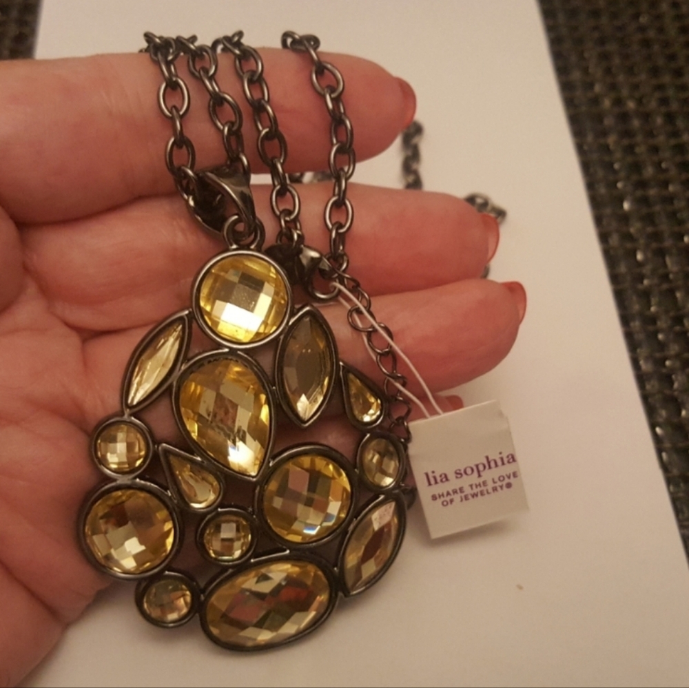 Lia Sophia Gold Crystals Black Metal Long Necklace